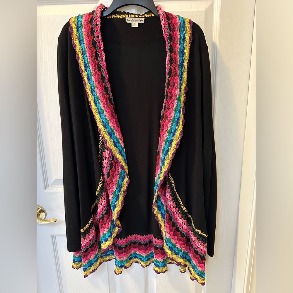 Double Zero Black Cardigan with Rainbow Crochet Trim